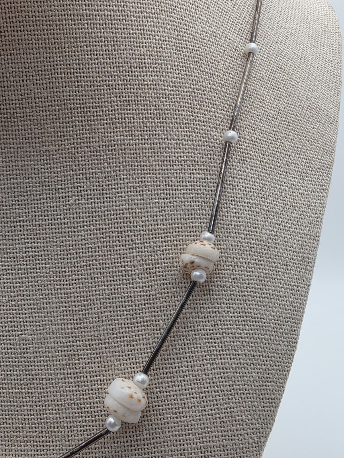 Vintage Hobe’ Necklace With Shells And Pearls Silvertone Tube Beads