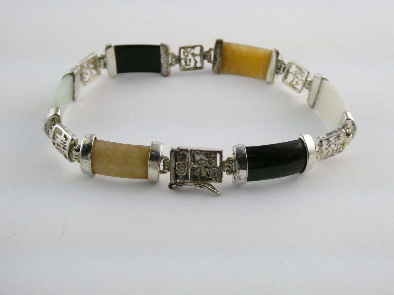 DBJ Dee Berkley Sterling Silver Chinese Character Jadeite Link Bracelet 7.5 Inch