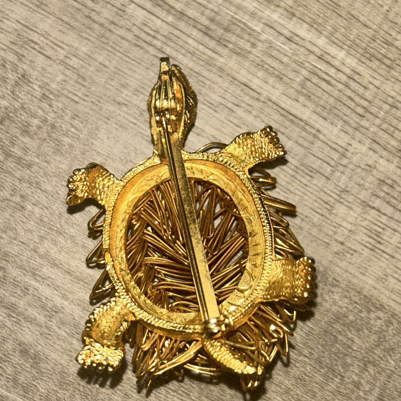 Vintage Turtle Brooch Pin Wire Work 70’s Gold Tone Red Crystal Eyes Whimsical