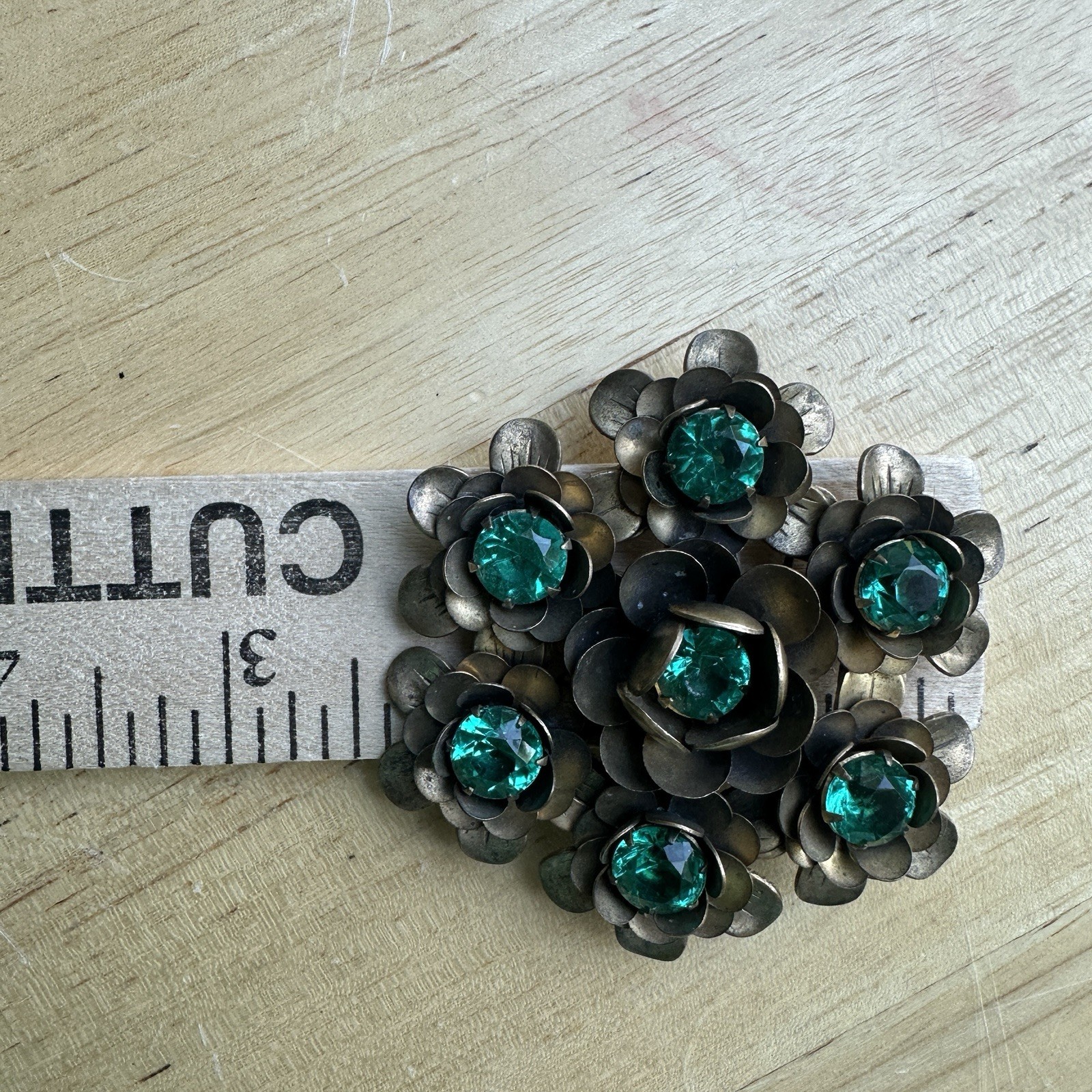 Vintage Flowers Brooch 2.4 Inch Green Crystal Multi Layered Antique Gold MCM