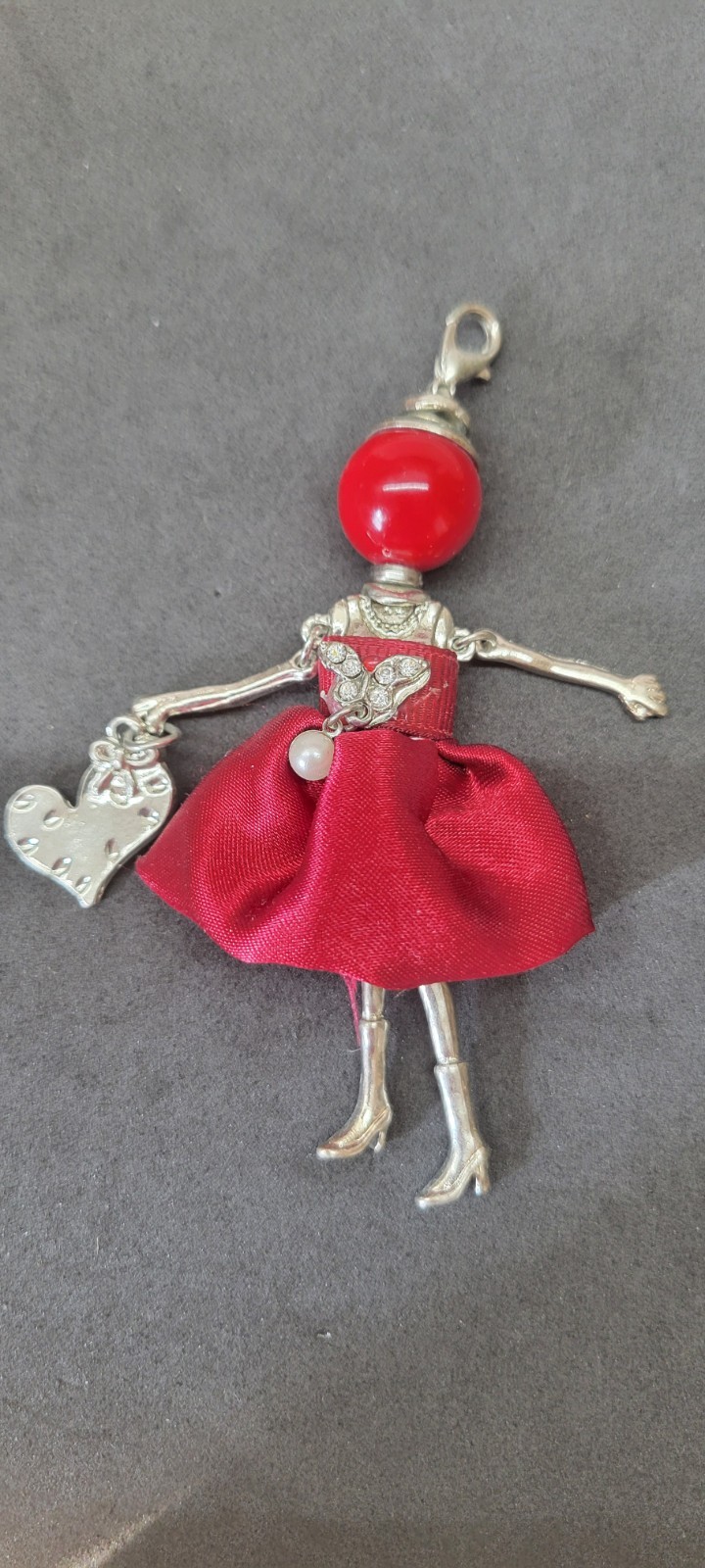 Vintage Articulated Doll Pendant Silver Tone Red Dress Rhinestone Purse Pendant