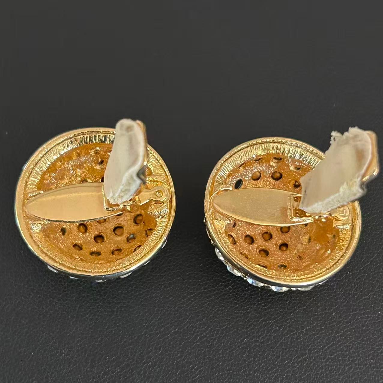 Vintage 1980s Gold Tone Pave Rhinestone Dome Clip On Earrings Snowball Statement