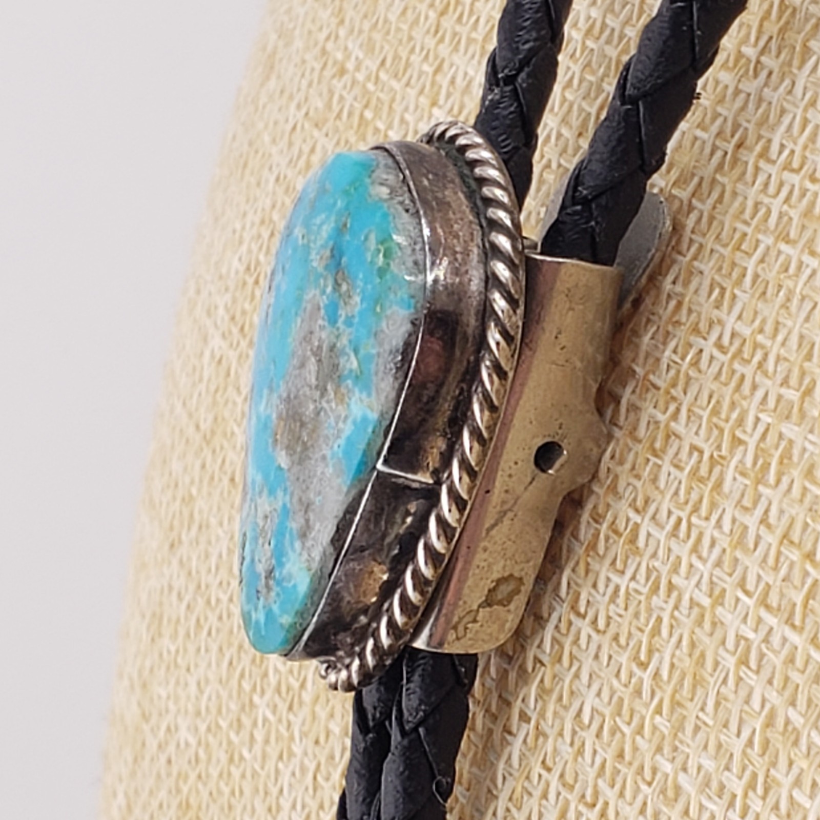 Vintage Turquoise Bolo Tie Sterling Silver Bezel Native American Signed S