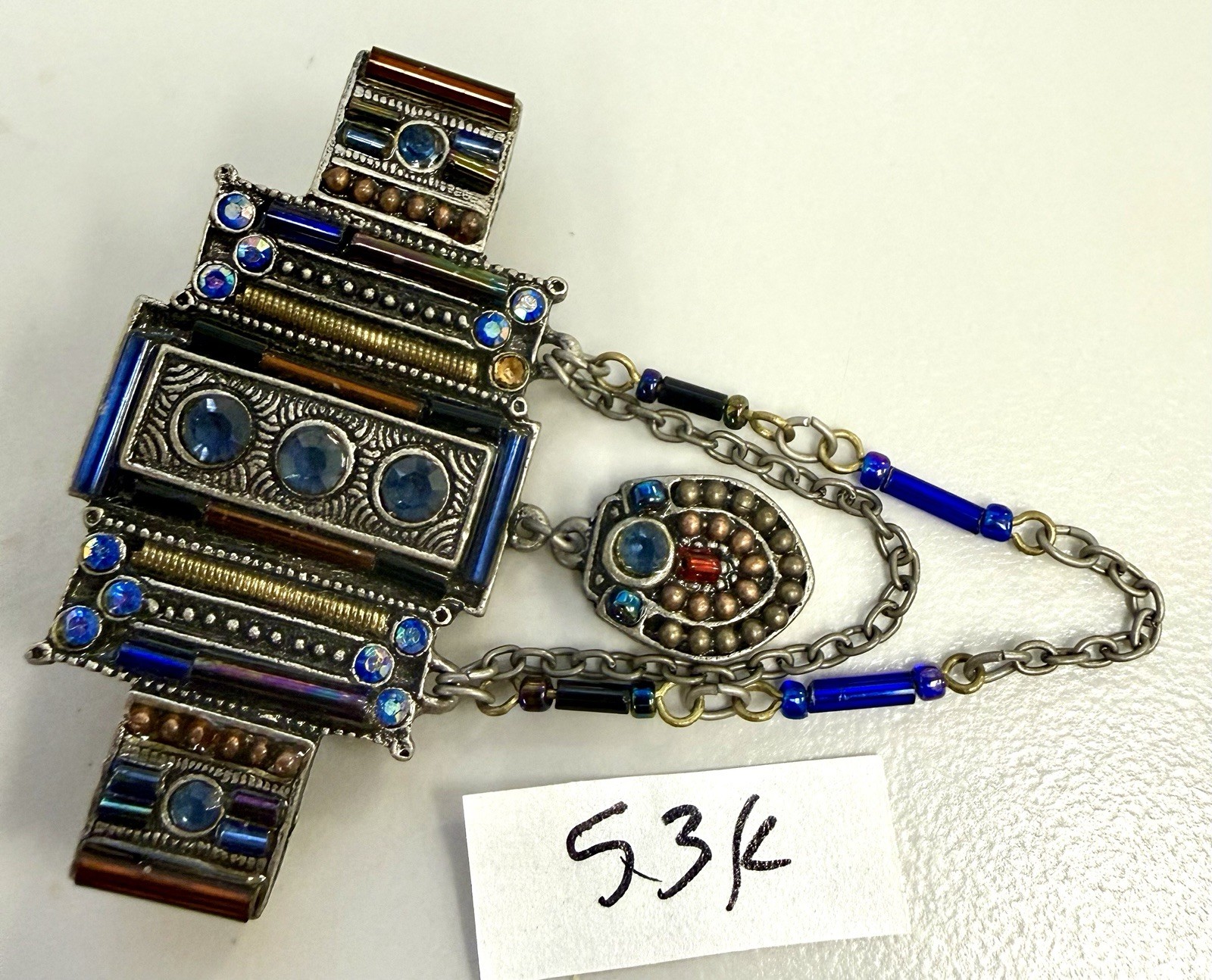 Artisan Statement Brooch Pin Blue Glass Bead Chain Dangle Egyptian Deco Revival