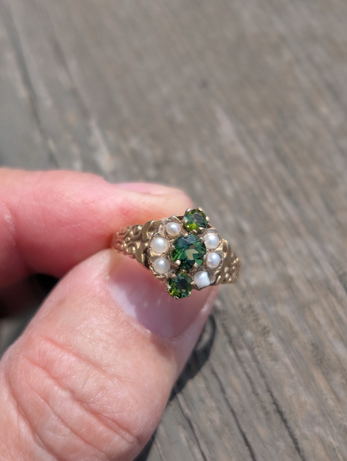 9 k rose gold Victorian ring with 3 green tourmaline and seed pearls sz6