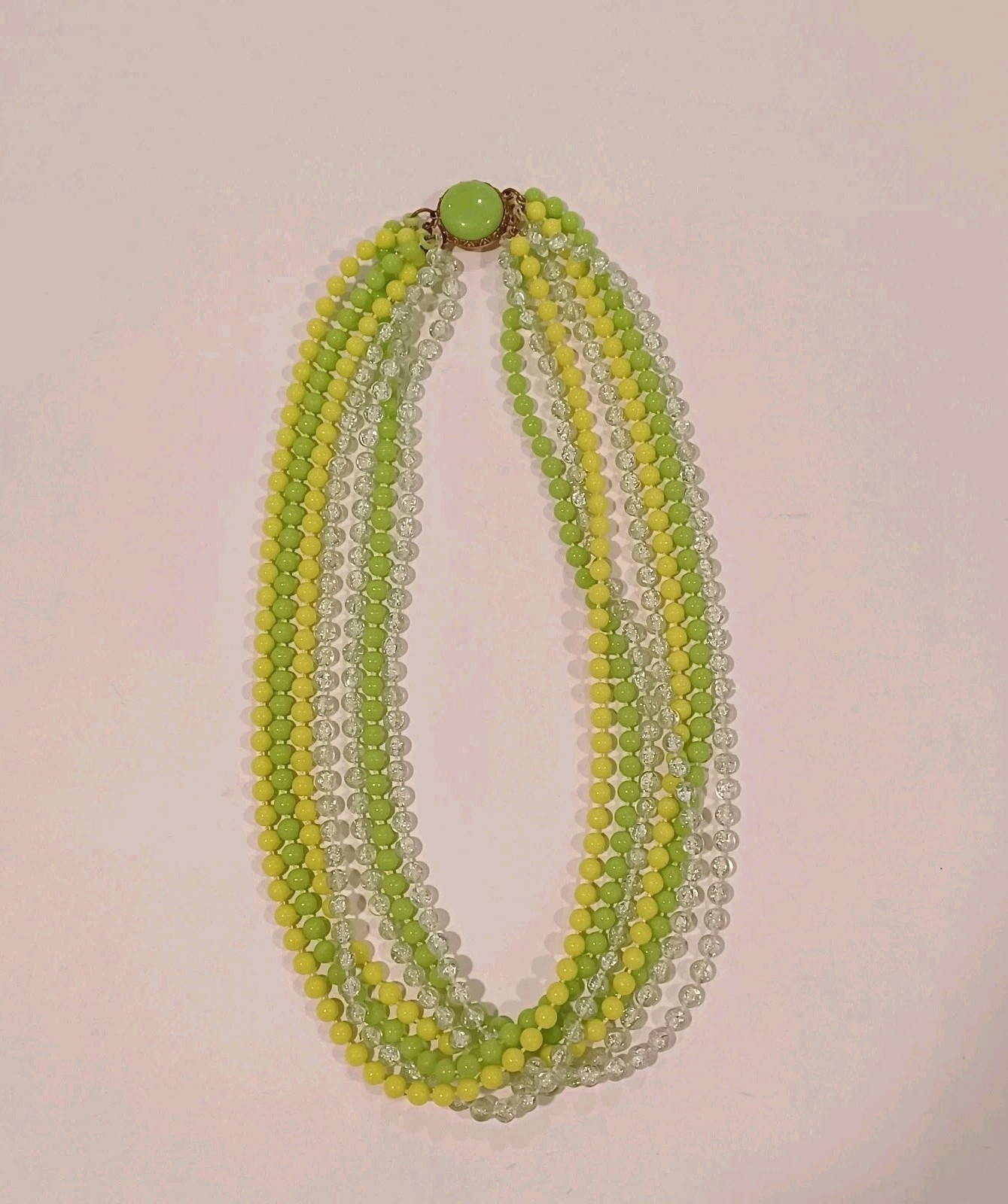 Vintage Multi Strand Lime Green Yellow And Clear Acrylic Beaded Necklace