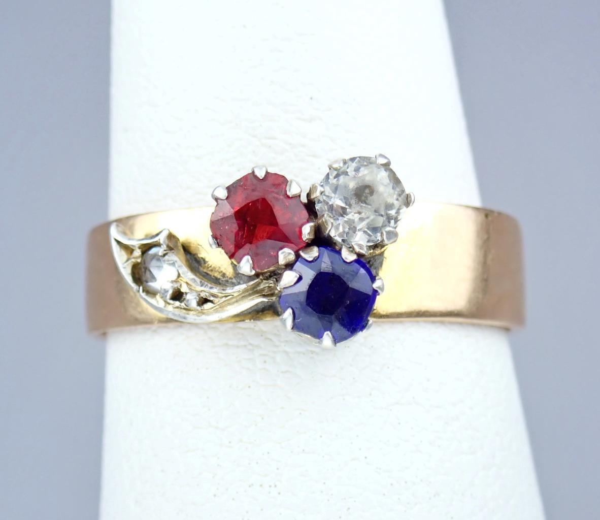 Charming Antique Victorian 14K Rose Gold Red White Blue Paste Floral Ring Size 8