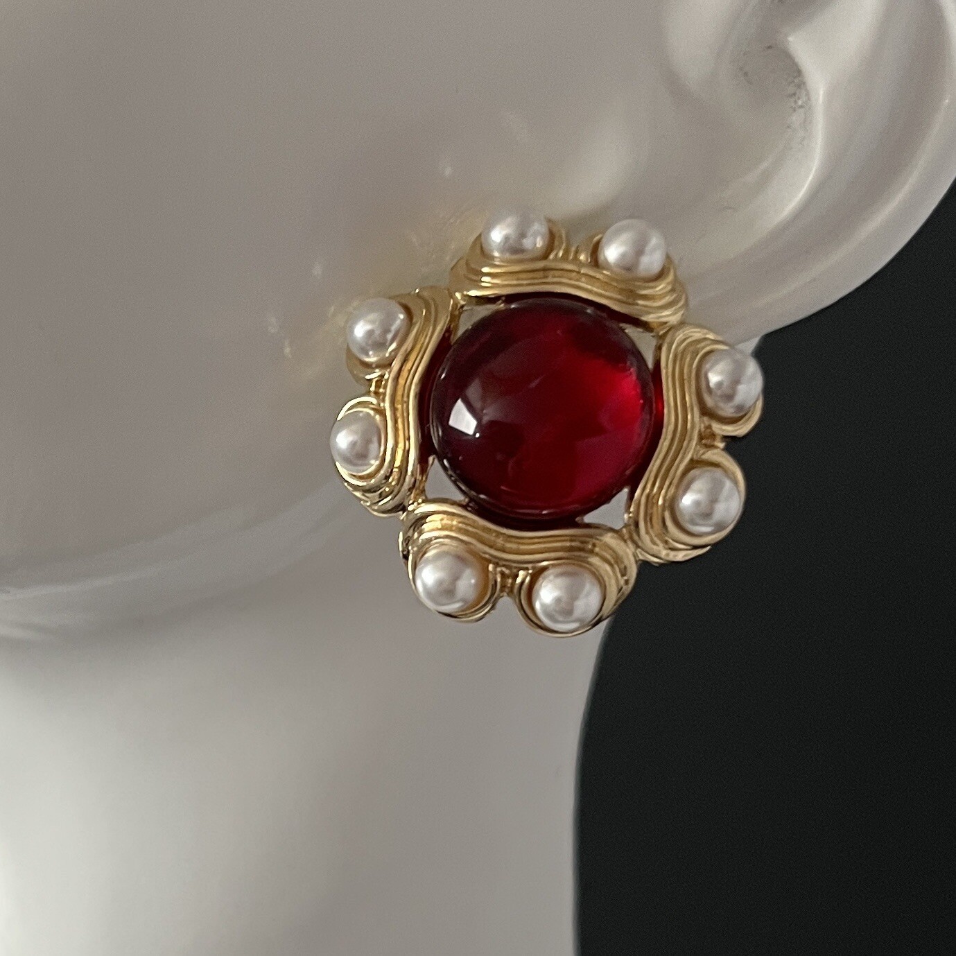 Etruscan Gripoix Style Earrings Gold Red Cabochon Faux Pearl Pierced Byzantine