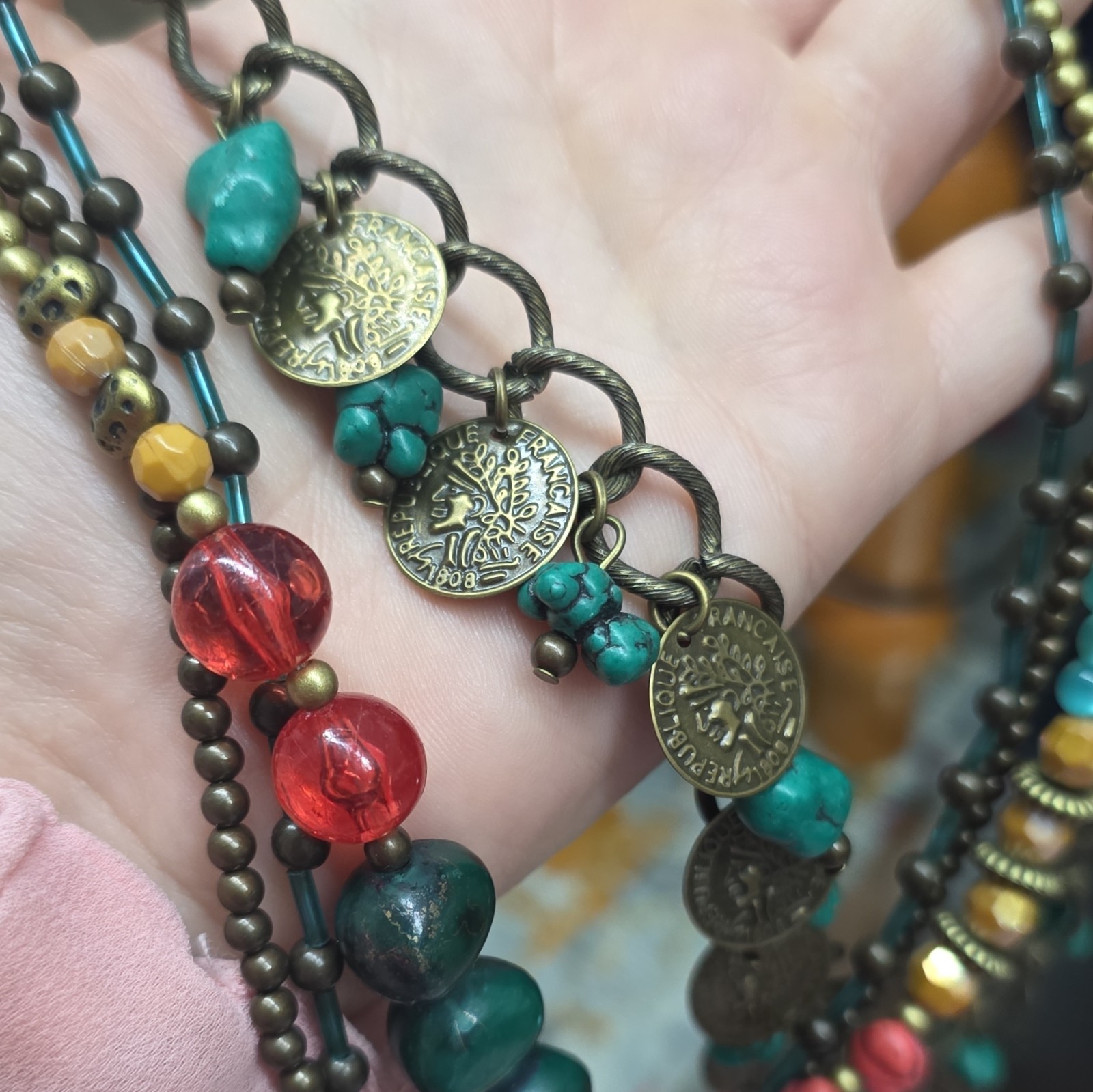 Vintage Multi-Strand Bohemian Statement Necklace Francaise Coin Charms Beads EUC