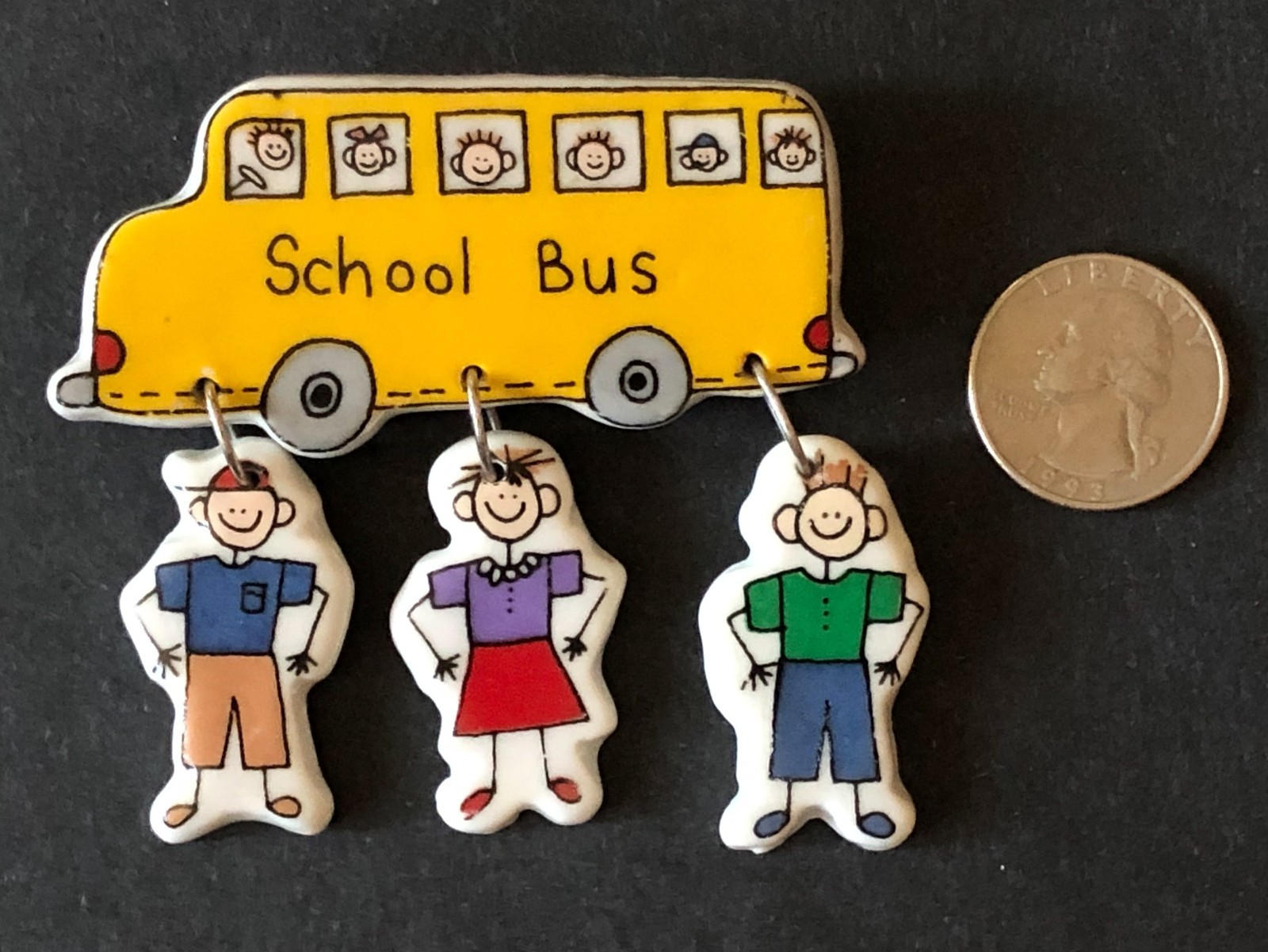 Yellow School Bus Pin 3 Dangling Children Trena’s Trinkets Ceramic 1997 Vintage