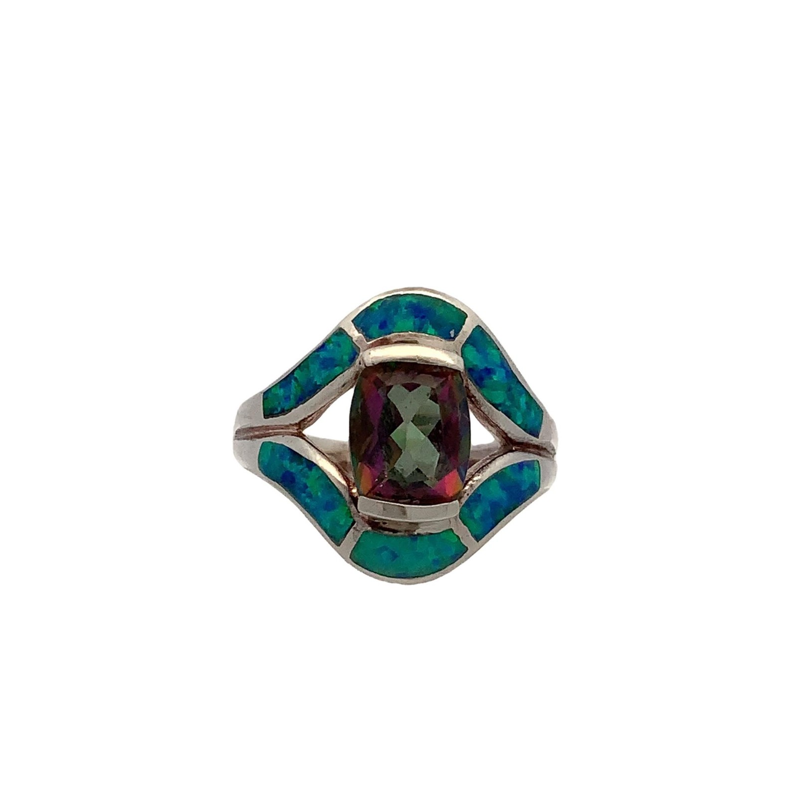 Mystic Topaz and Blue Fire Opal Inlay Vintage 925 Sterling Silver Ring sz 7 1/2