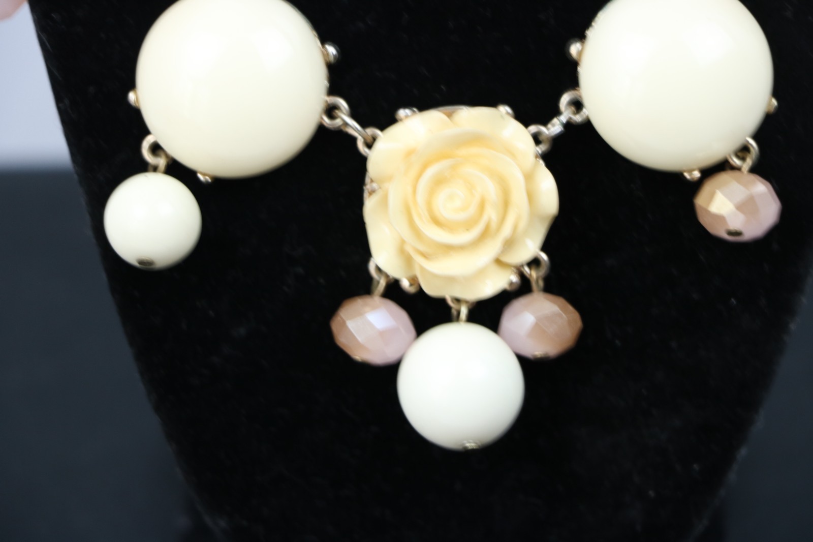 Rose Floral Statement Necklace Cream Bubble Bead Bib Boho Gold Tone