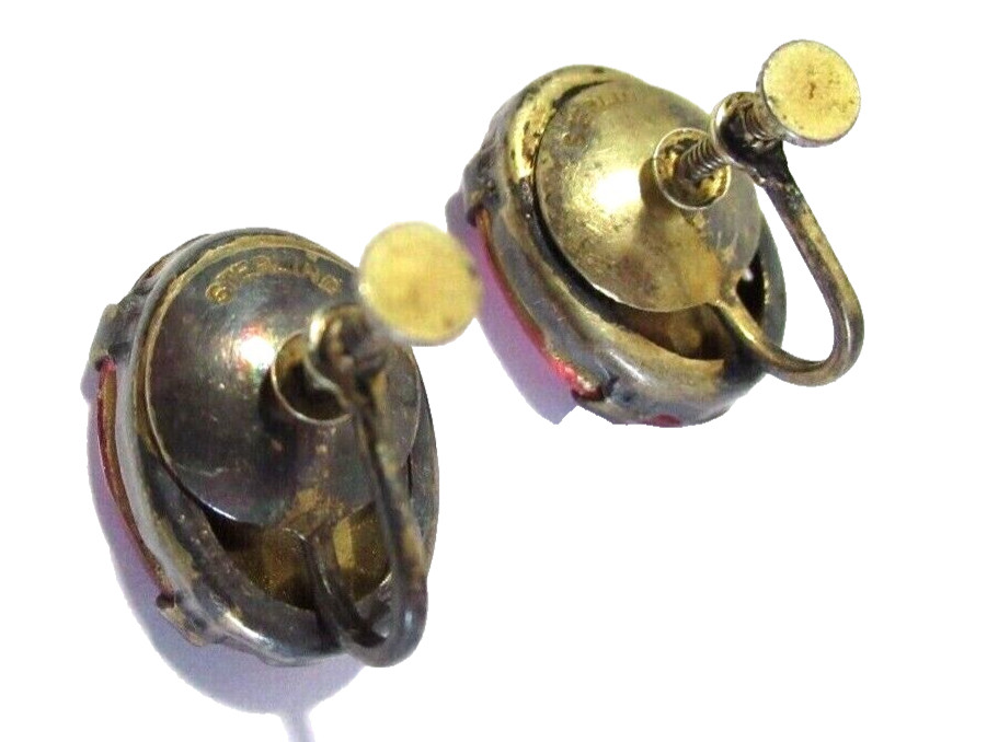 STERLING SILVER PINK MULTIFACETED STONE VINTAGE SCREW BACK EARRINGS