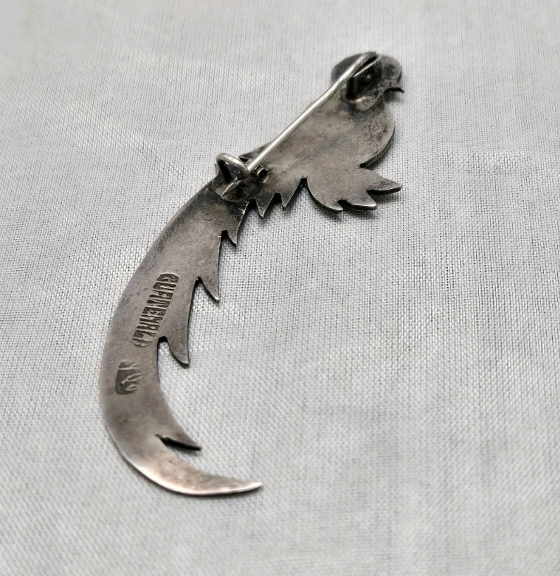 Quetzal Bird Figural 900 Silver Detailed Signed Guatemala Vintage Pin Brooch