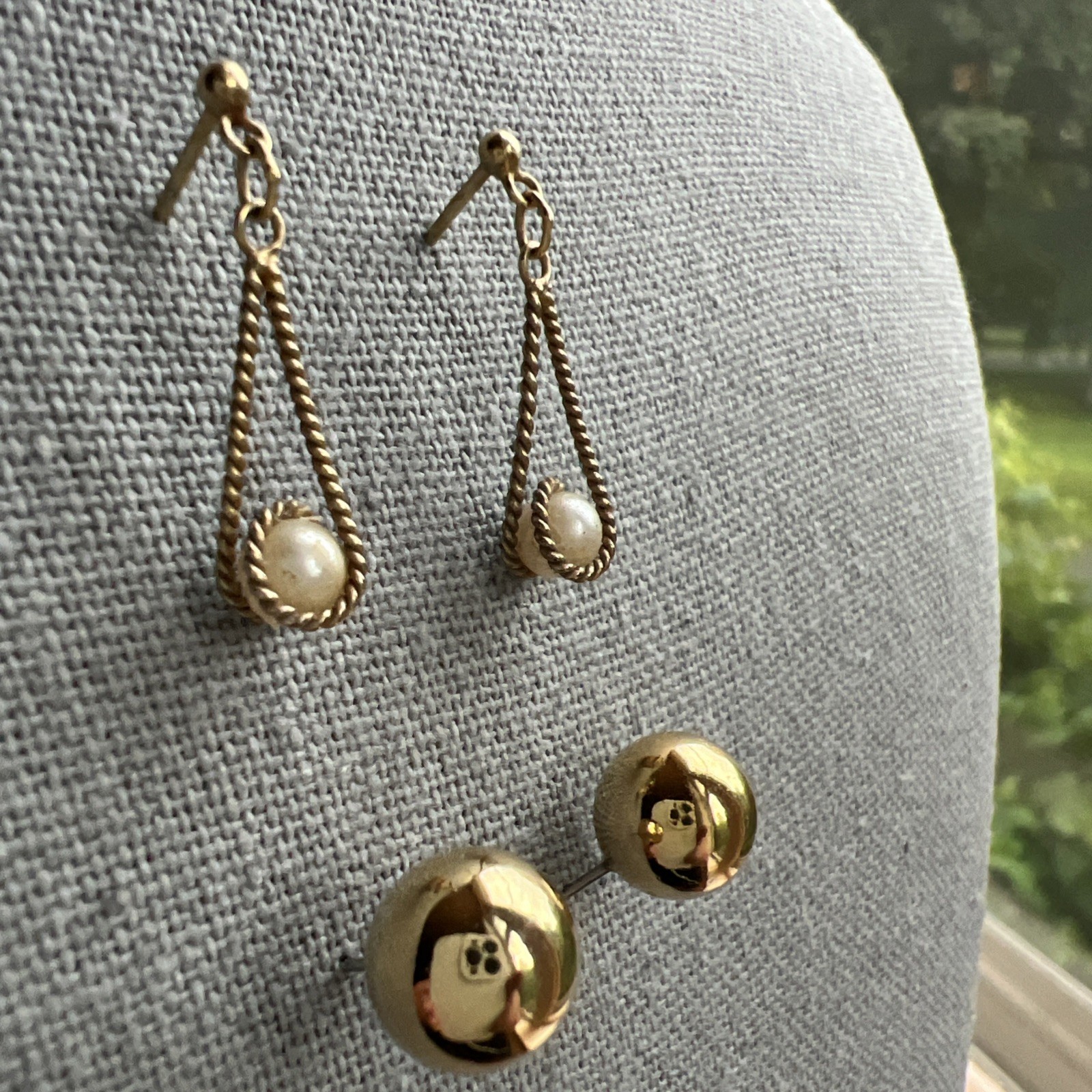 Two Pair Vintage Gold Tone Earrings; Faux Pearl; Gold Tone Ball; Classic!