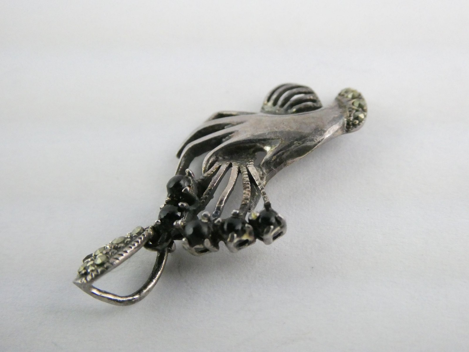 Marsala CW Sterling Silver Hand Holding Black Onyx Flowers Marcasite Pendant 2g