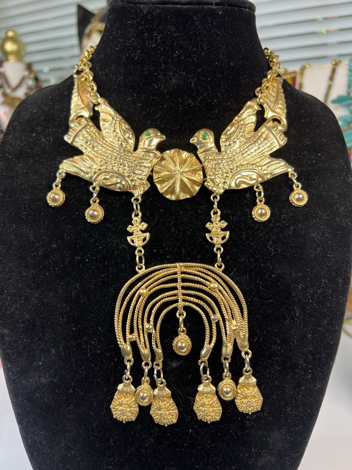 Vintage Cadoro Signed Gold Tone Bird Runway Statement Necklace Rare 16”