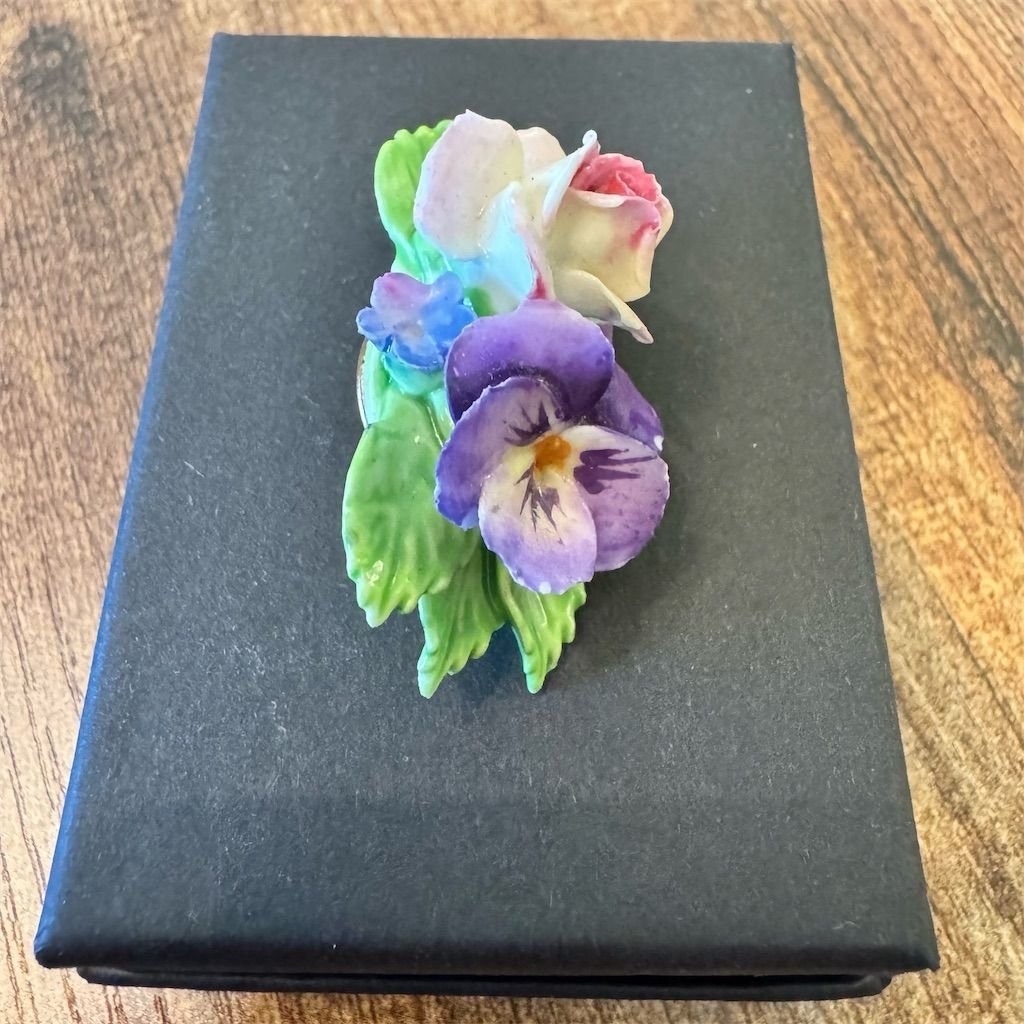 Vintage Floral Porcelain Brooch England Multicolor