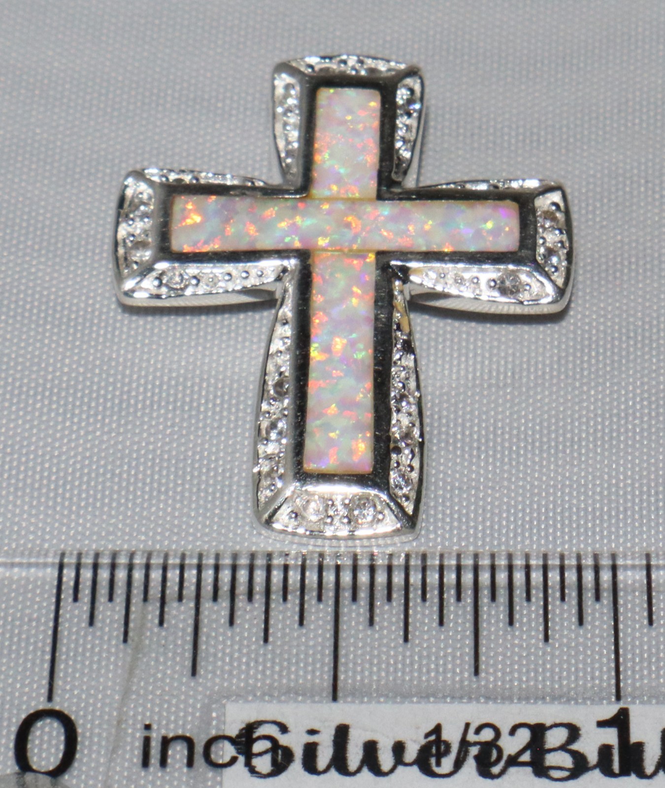 Vintage Sterling Silver Faux Opal Inlay Crystal Accent Cross Pendant Signed AK