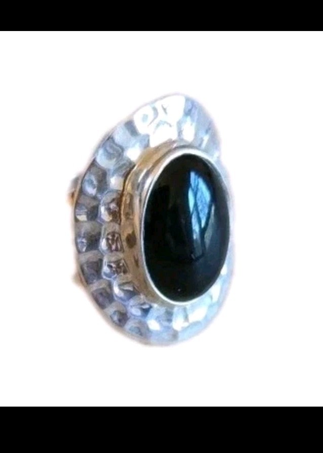 Sterling Silver ATI Mexico Onyx Hammered Handmade Oval Statement Ring Size 9