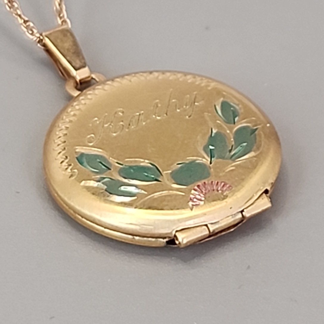 Vintage Locket Necklace Etched Kathy Gold Filled Enamel Accents 18″