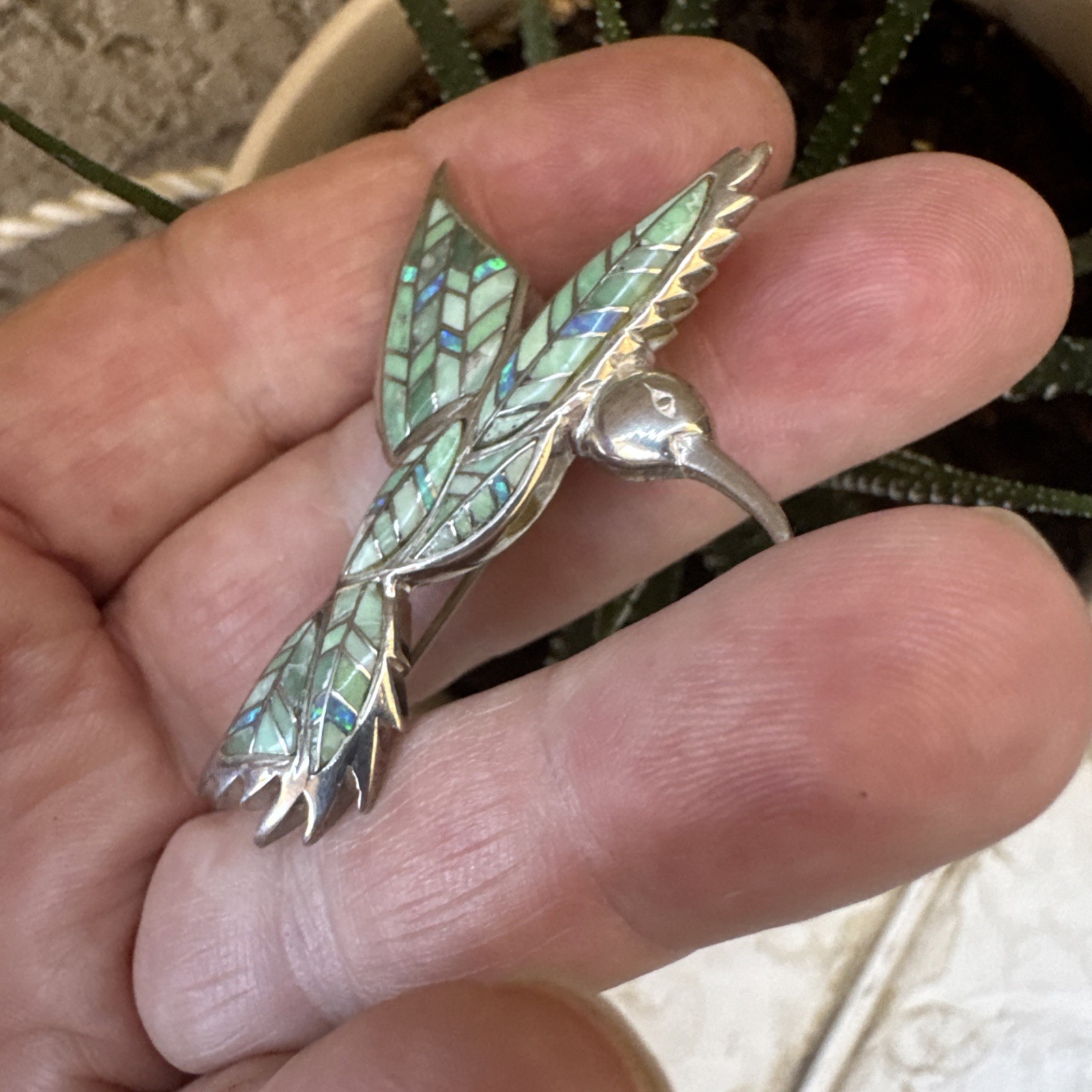 Vintage Sterling Silver Gaspeite+Opal Green Inlay Hummingbird PENDANT or BROOCH