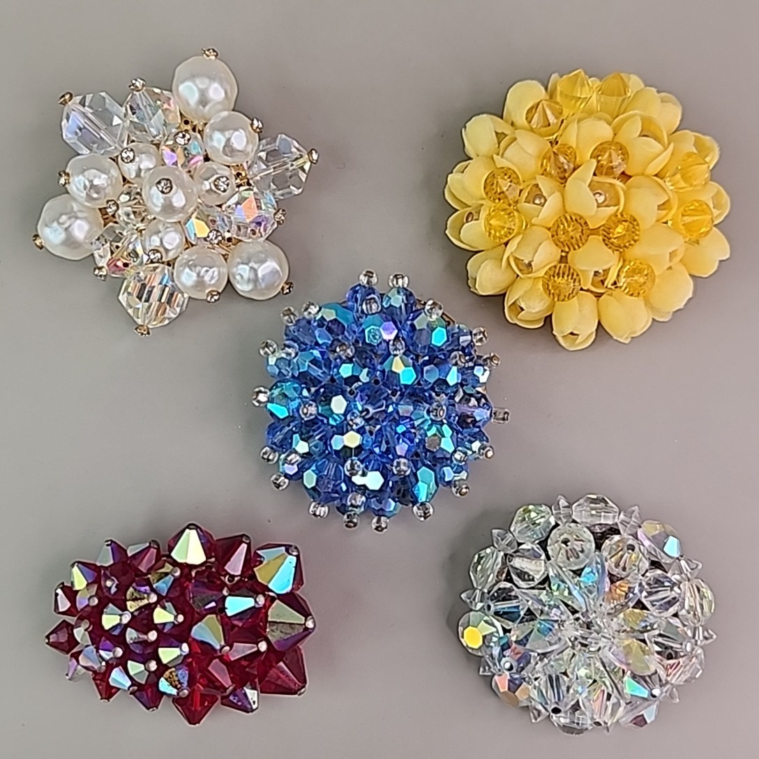 Vintage Cluster Brooch Lot of 5 AB Glass Blue Red Yellow Plastic