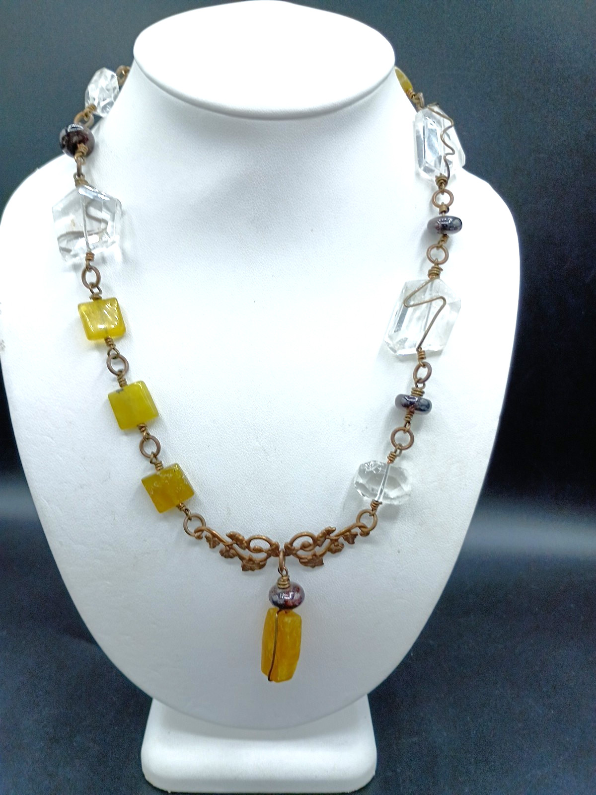 Gem Stone Necklace Copper Wire Wrap Fat Quartz Yellow Rock Floral Artisan
