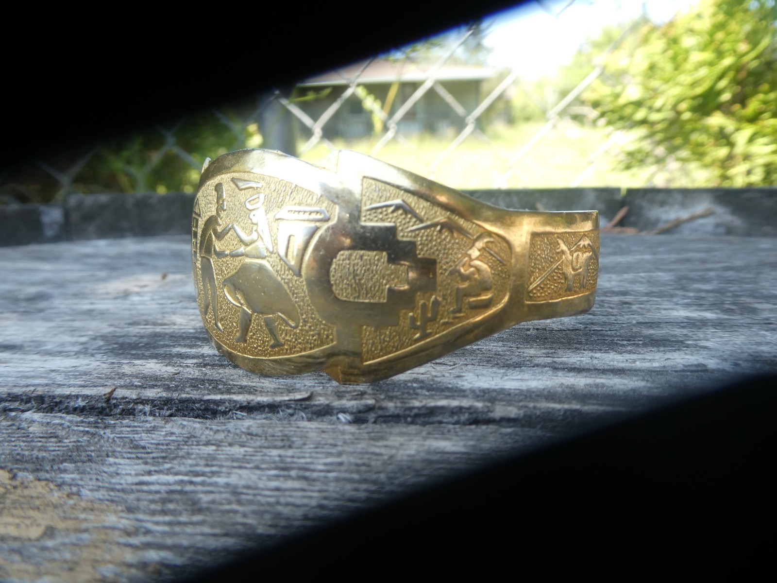 Inca Revival Brass Cuff Bracelet Gold tone Vintage
