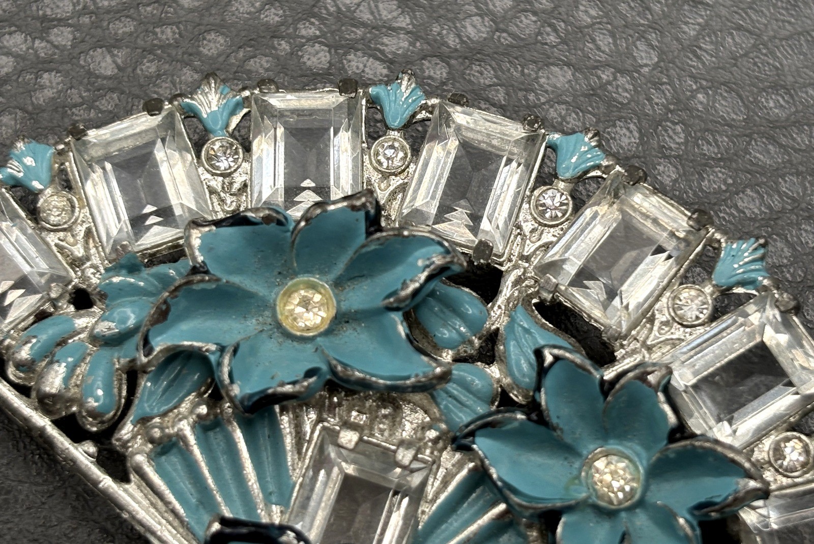 Vintage HUGE Deco Pot Metal Blue Enamel Flower Fan Ribbon Brooch Pin
