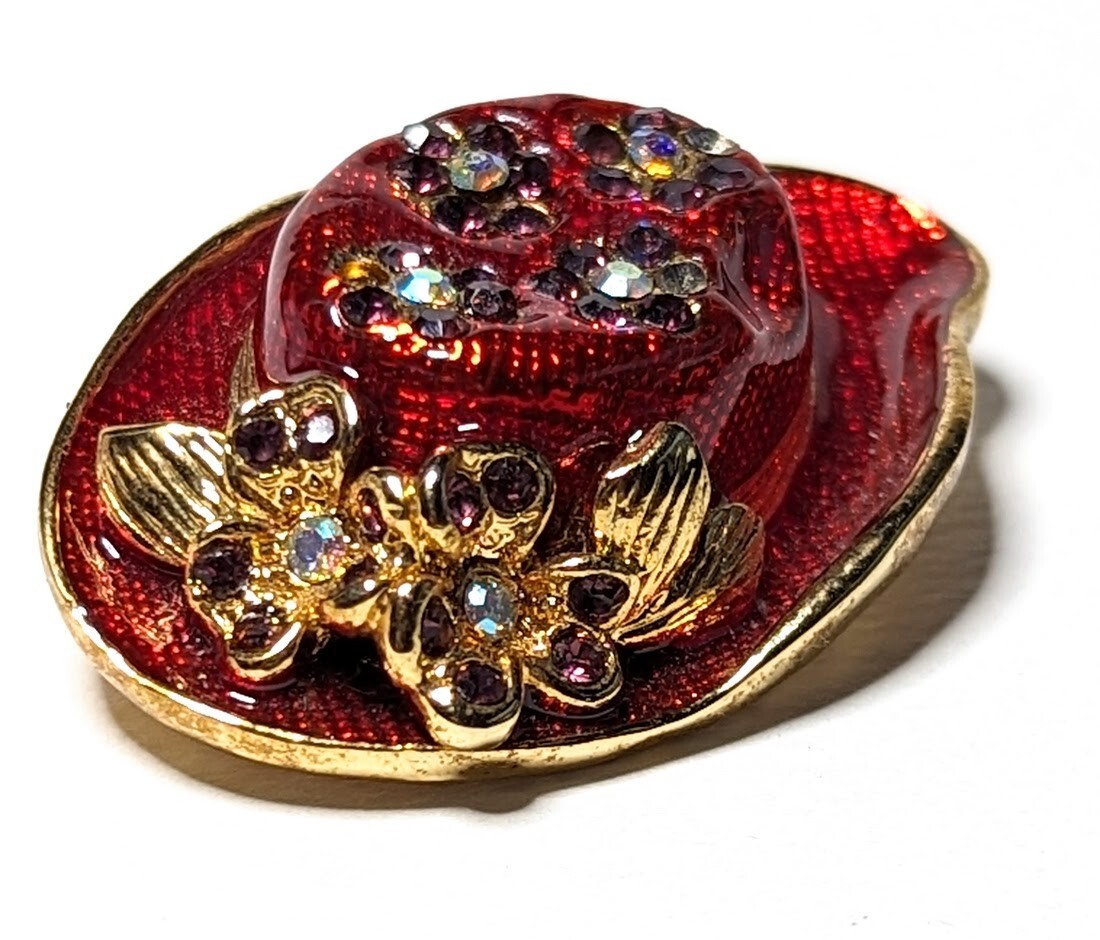 Vintage Enamel Red Hat Brooch Matching Earrings AB Rhinestones Flower
