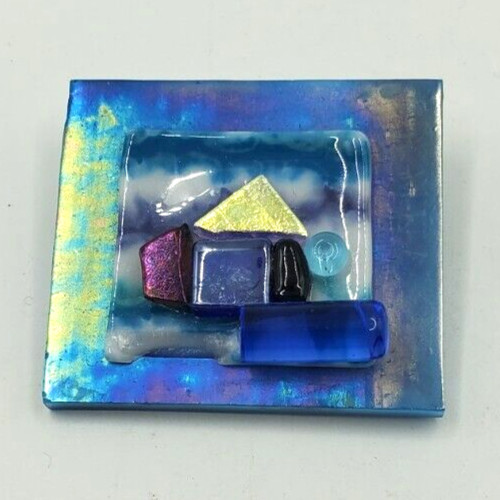 Classy Fused Glass House on Beach Pin. Blues Gold Red Brooch Blue Ocean View