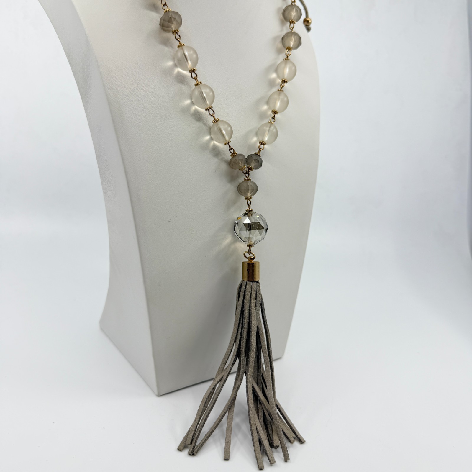 Vintage Boho Suede Tassel Pendant Necklace Gray Glass Beaded Long Statement
