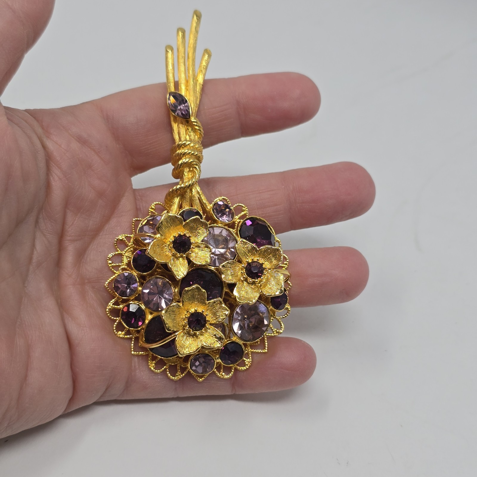 Signed RJ Graziano Purple Rhinestone Floral Bouquet Brooch
