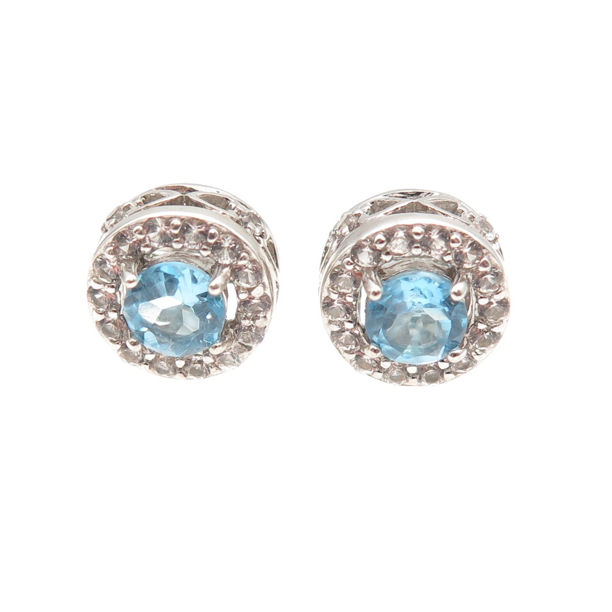 925 Sterling Silver Vintage Real Round-Cut Blue & White Topaz Stud Earrings