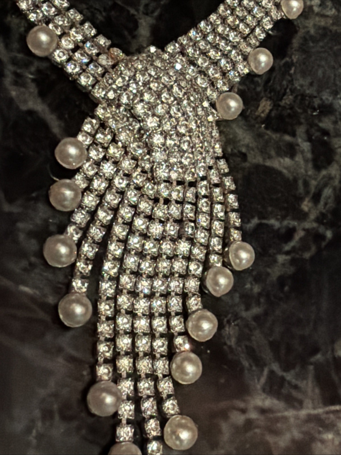 Vintage Rhinestone Swirl Glamour Pearl Dangle Necklace High End Costume Jewelry