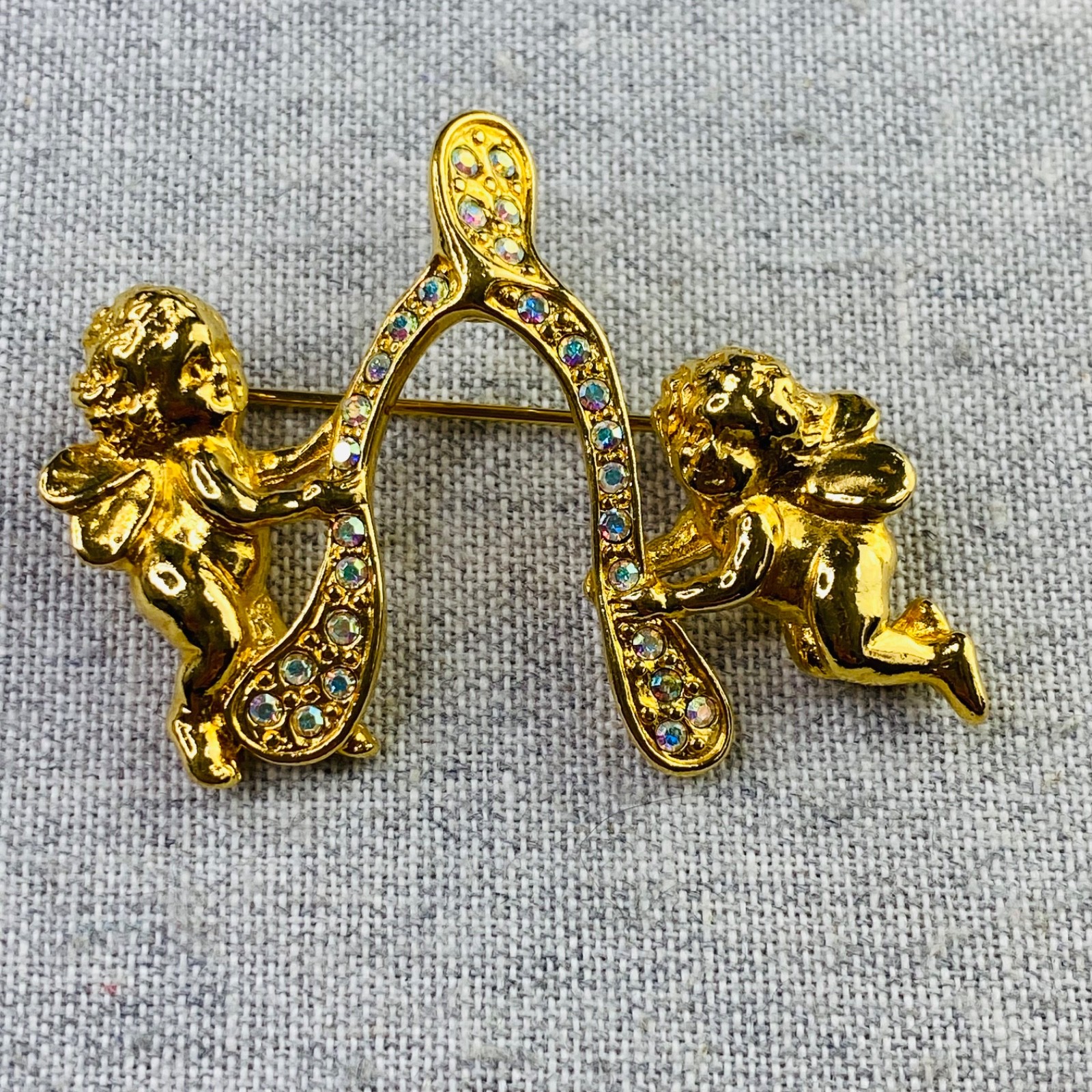 Sparkling Kirk’s Folly Signed Gold Tone Angel Cherub Wishbone Brooch Pin