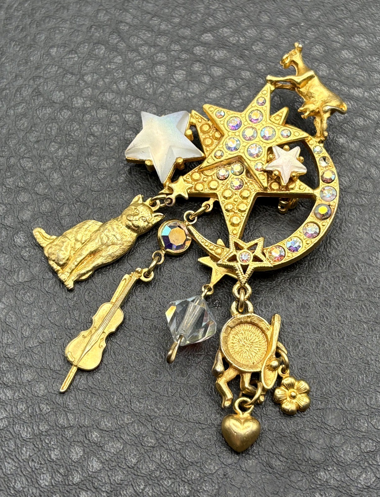 Kirks Folly Hey Diddle Diddle Gold Tone Crystal Brooch Pin Cat Cow Moon Star
