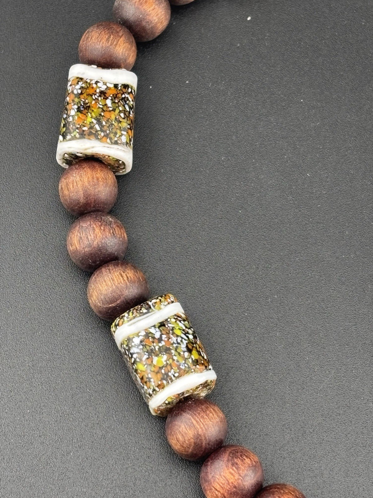 Ceramic Glazed Square White Brown Wooded Beaded VTG 16′ Necklace