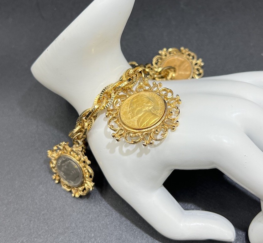 Vintage Gold Tone Double Link Charm Bracelet, 3 Genuine Coin Charms, 7”