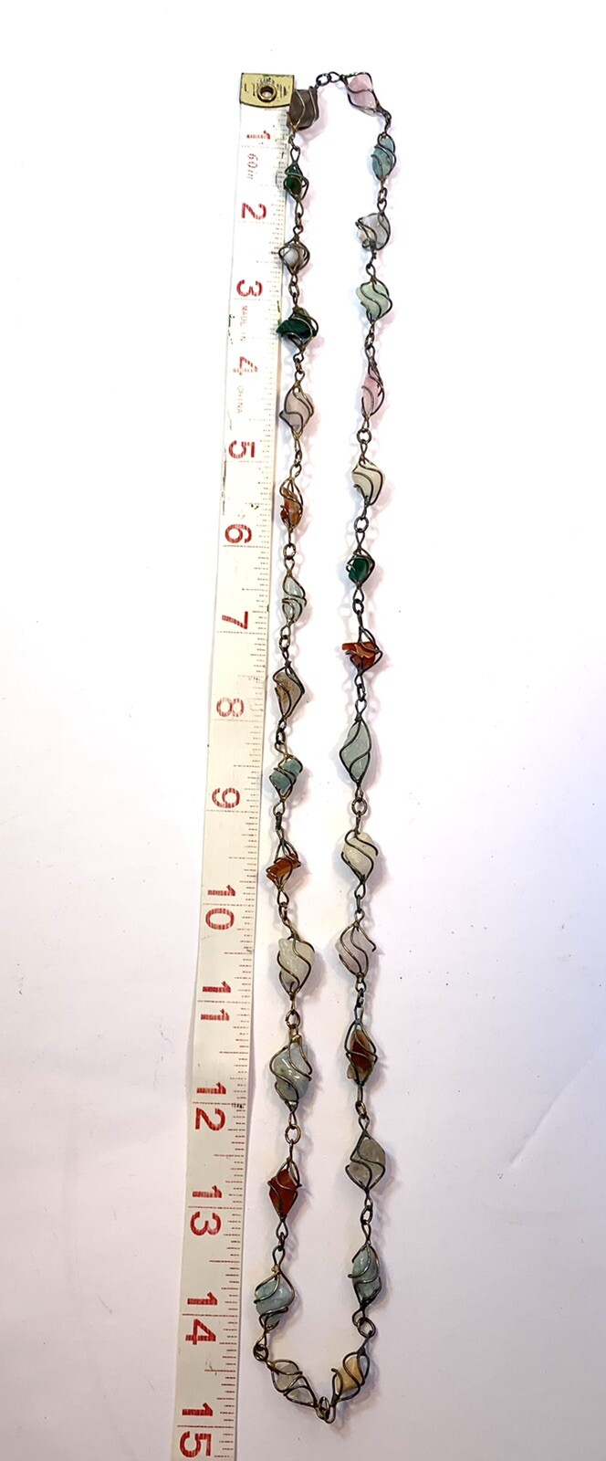 VTG Wire Wrapped Polished Gemstone Necklace Wire Linked 15” N68