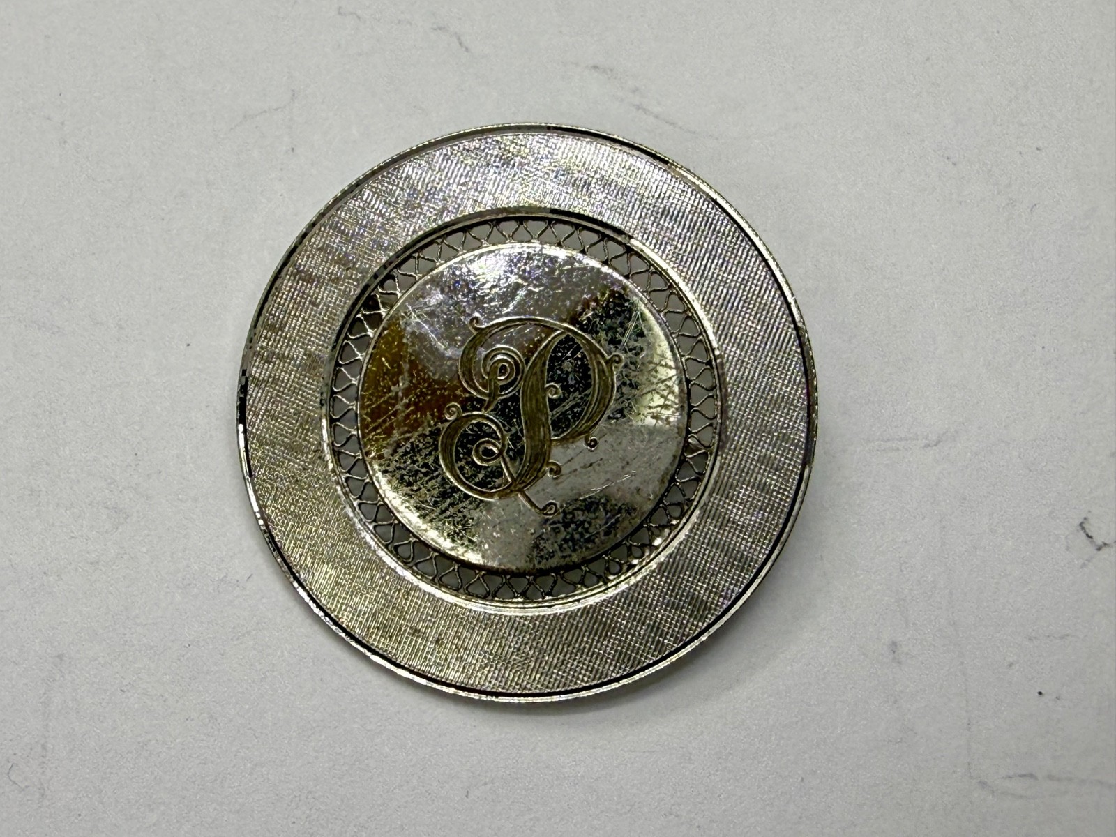 Initial Letter P ? Calligraphy On Vintage Sterling Silver Round Disc Brooch