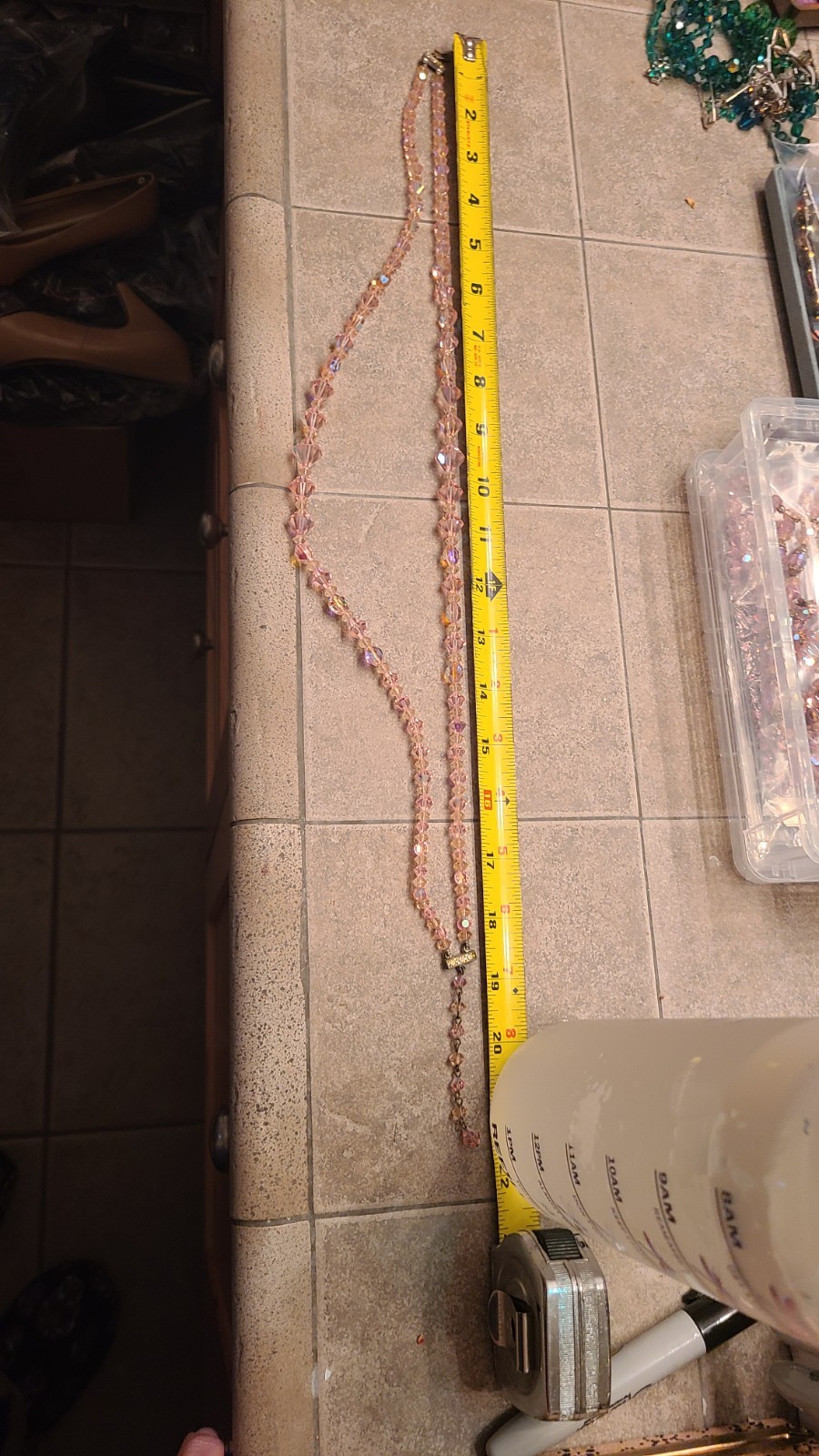 VINTAGE AB PINK w/ IRIDESCENT GLASS BEADS 2 STRAND NECKLACE APPROX 18″