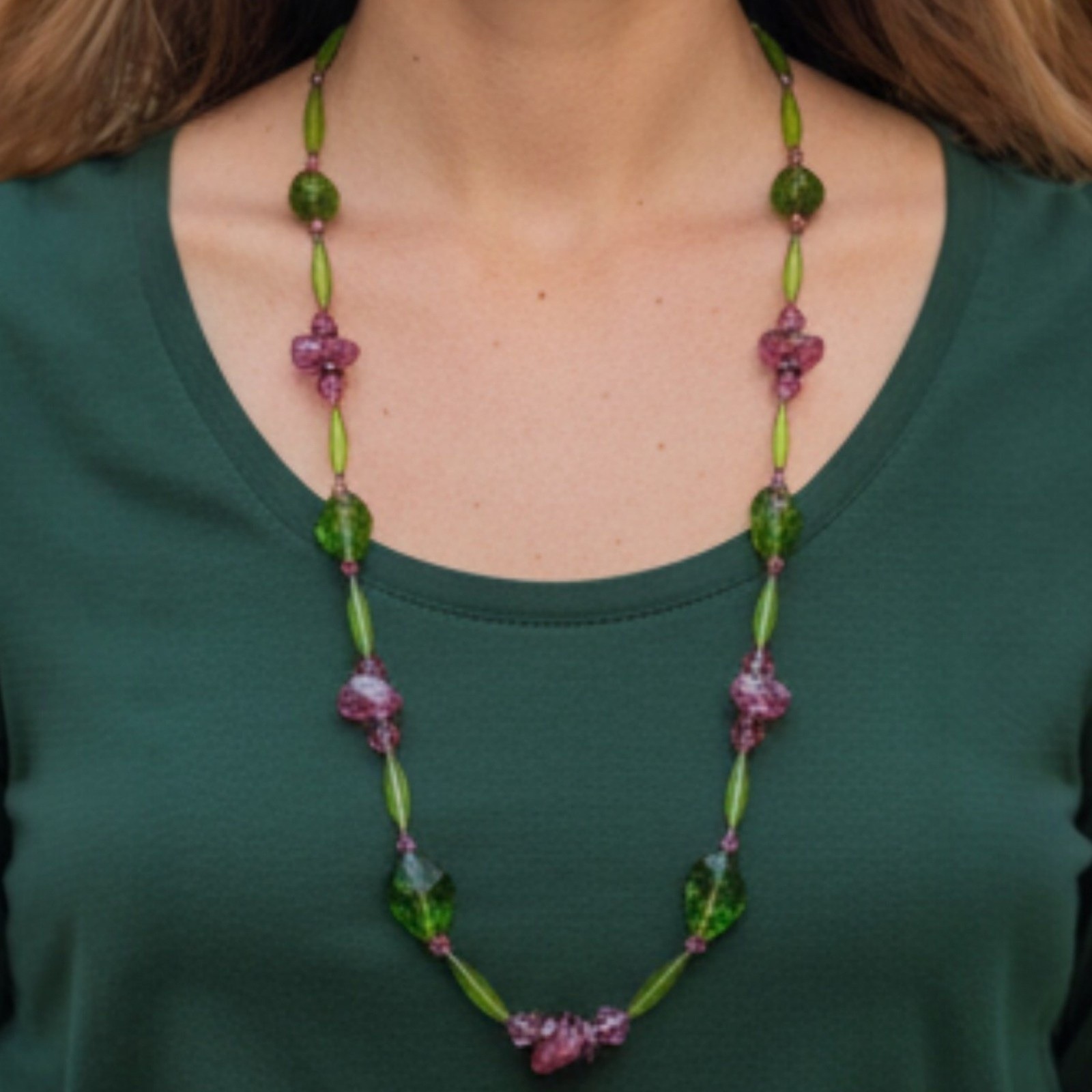 Vintage Art Glass Botanical Necklace Green Pink Floral Box Clasp 32″ Statement