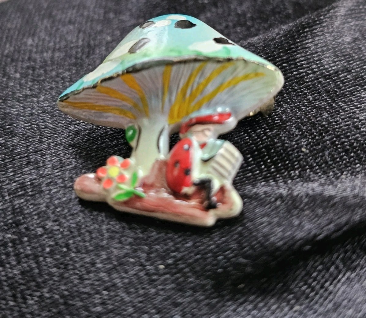 Vtg Painted Mushroom Brooch 3D Pin Man playing Accordion Signed Korea Whimsical