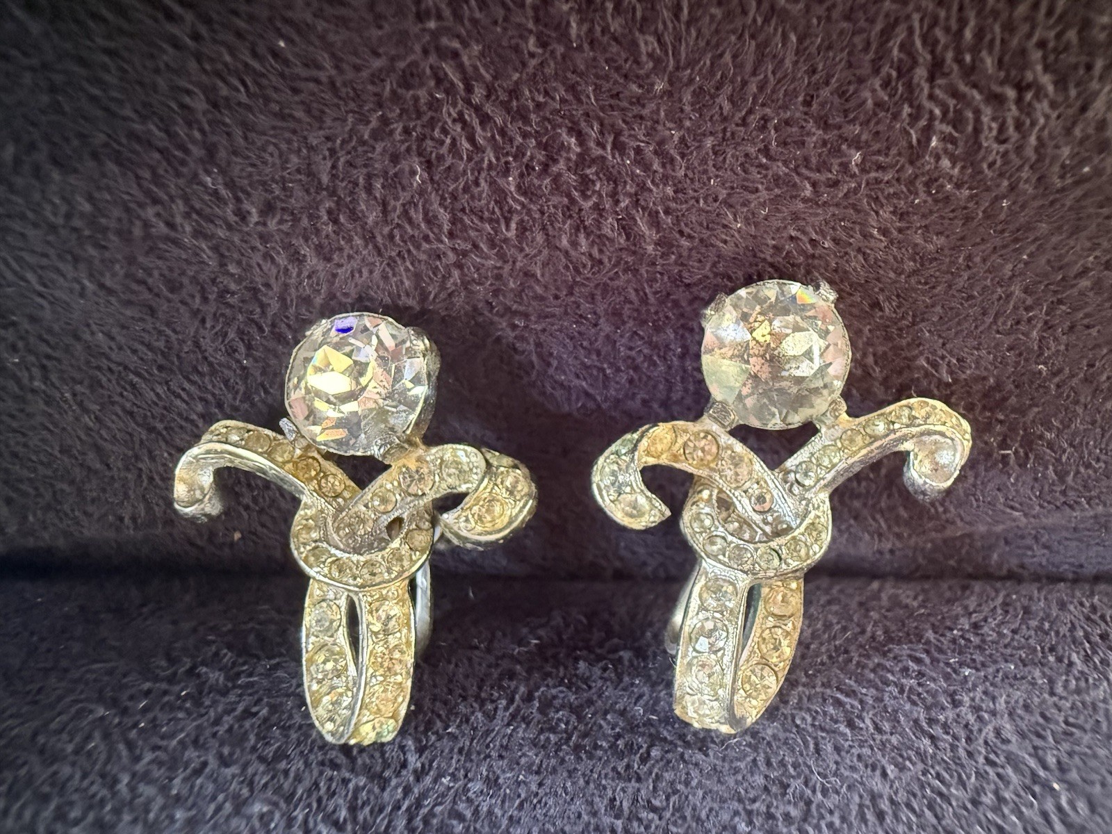 Vintage Sterling Clear Rhinestone Ribbon Earrings with Tension Based Clip On