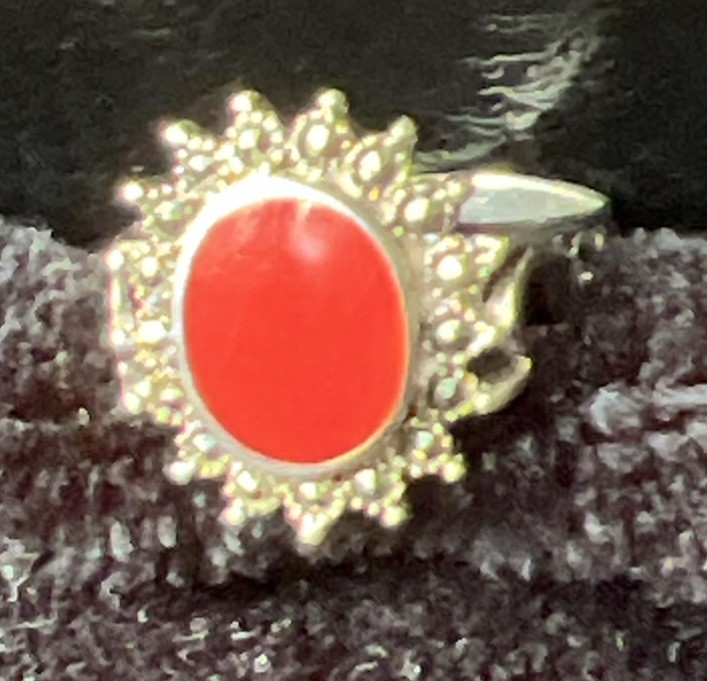 Beautiful Coral Or Jasper 925 Ring With Marcasites Design
