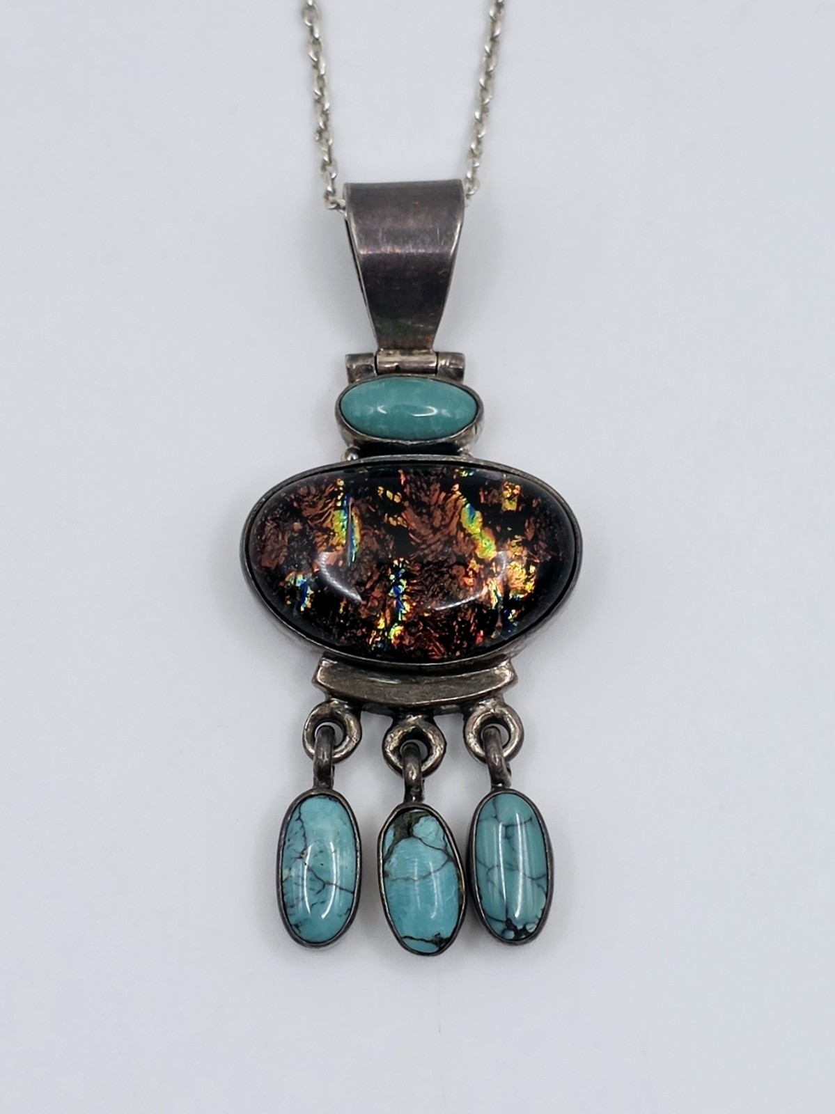 Vtg 925 Sterling Silver Dichroic Glass Turquoise Pendant Necklace Southwestern