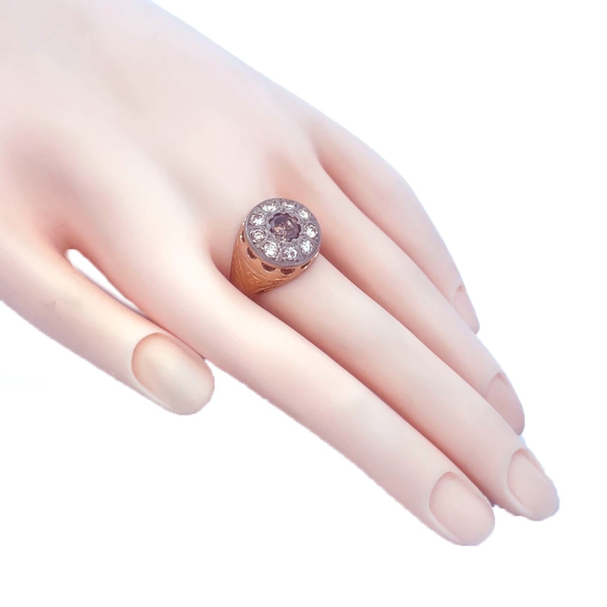 Diamond Gold Vintage Men’s Ring 17k Two Tone Champagne White 2.10ct Round Top