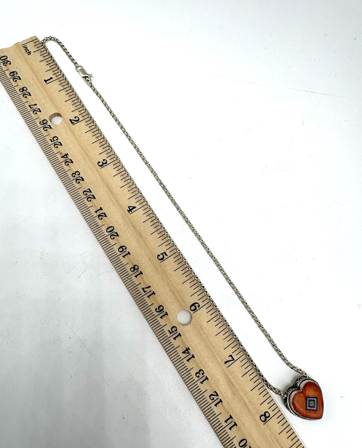 Aldrich Art Jewelry Necklace Orange Heart Inlay Sterling Silver Vintage 18″